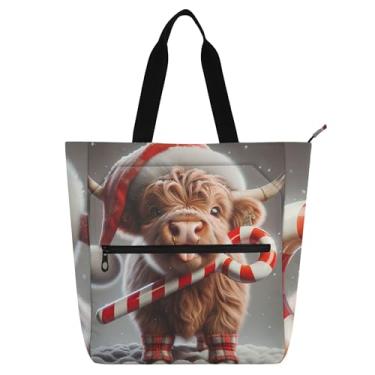 Imagem de GAIGEO Linda sacola de Natal de vaca Highland para mulheres, crianças, professores, trabalho, escola, zíper, bolsa de ombro