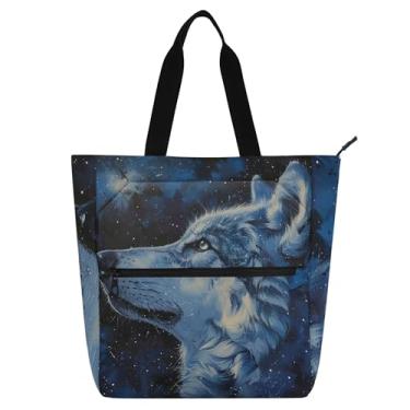 Imagem de GAIGEO Bolsa feminina com estampa de lobo estrelado para trabalho, lona, bolsa carteiro universitária com compartimentos