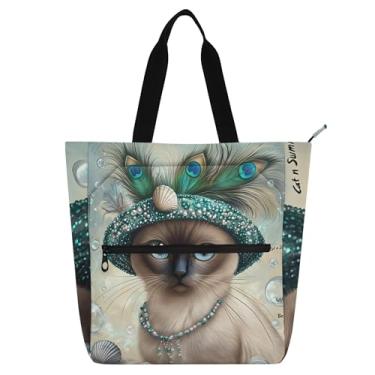 Imagem de GAIGEO Sacola elegante com chapéu de pavão de gato siamês para mulheres e crianças | Bolsa de viagem reutilizável para trabalho e escola