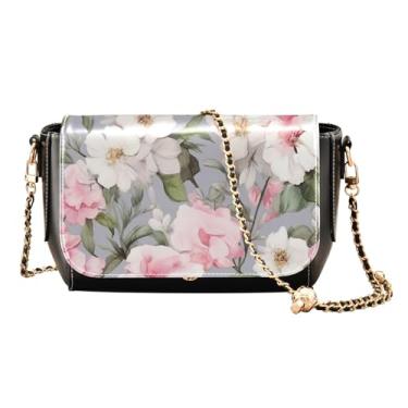Imagem de GAIGEO Bolsa de ombro feminina de couro com rosas azuis e flores verdes, alça ajustável, Flor rosa e branca em aquarela - 4, One Size