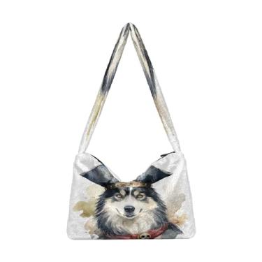 Imagem de Bolsas de ombro femininas Ladybug Animals Parrten, bolsas femininas de pelúcia, bolsas médias para mulheres, Husky Using a Pirate Hat-13, One Size