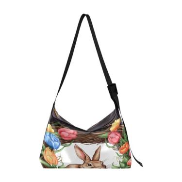 Imagem de Bolsa tiracolo vegana Two Bunny Rabbits Sitting in Basket, bolsa de ombro de couro sintético, bolsa tiracolo masculina, Guirlanda de tulipas coloridas Coelhinho da Páscoa - 1, One Size