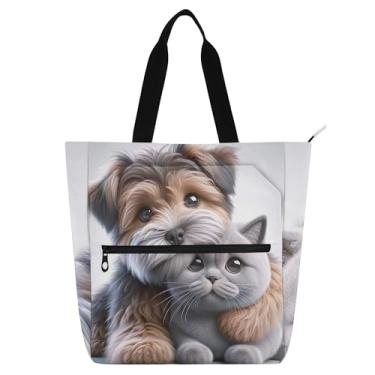 Imagem de Bolsa feminina Terrier Dog Hug Kitten Cat Bolsa de trabalho lona praia livro bolsa zíper reutilizável amantes de livros presentes