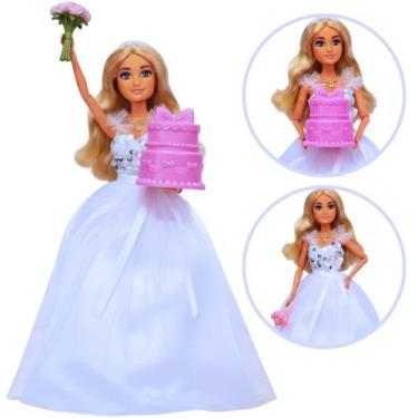 Imagem de Boneca Coleção Vestido De Noiva Acessórios Buquê Flor Bolo - Castela