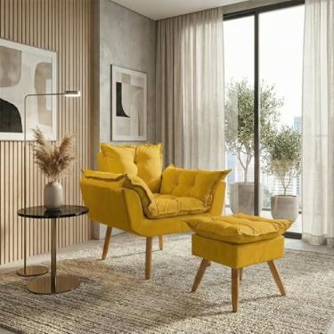 Imagem de Kit Poltrona Decorativa Confortável Para Sala Recepção Manicure com Puff Para Quarto Penteadeira Closet Quadrado Tecido Suede (Mostarda)