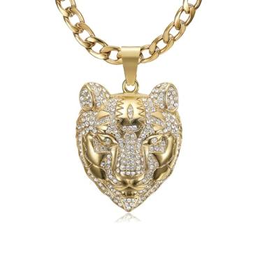 Imagem de NEGS Colar de aço inoxidável punk rock, banhado a ouro 18 K, corrente de 7 mm para homens, joias de animais hip hop, Large, Aço inoxidável, Zircônia cúbica