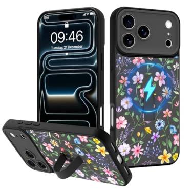 Imagem de Fiyart Capa projetada para iPhone 17 Pro Max, flor fofa, floral, alça de dedo embutida, suporte de telefone para mulheres e meninas, compatível com MagSafe TPU rígido PC à prova de choque, proteção de