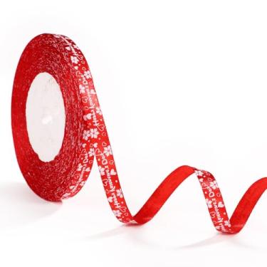 Imagem de Fita de Dia dos Namorados, 50 metros de poliéster fino padrão de coração fita de artesanato para embrulho de presente, decoração de casamento (cor base vermelha)