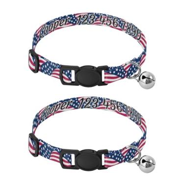 Imagem de Pacote com 2 faixas de pescoço personalizadas com bandeira dos EUA azul branco vermelho com nome e número de telefone, alça de pescoço segura para animais de estimação pequenos e gatinhos, serve para