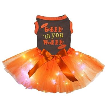 Imagem de Petitebella Feathers Gobble Til You Wobble Vestido para cachorro filhote de cachorro (marrom/laranja LED, pequeno)