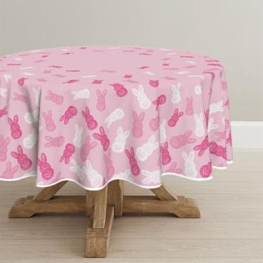 Imagem de Horaldaily Toalha de mesa redonda de Páscoa, 152 cm x 152 cm, em forma de coelho, rosa, lavável, para decoração de festa, piquenique, jantar