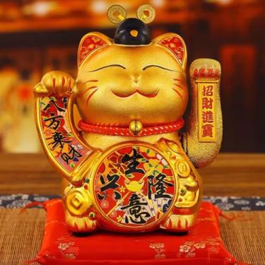 Imagem de FENNYYAR Estatueta chinesa de porcelana com gato da sorte de mão dourada acenando, 22 cm, estátua Feng Shui, presente de abertura de loja