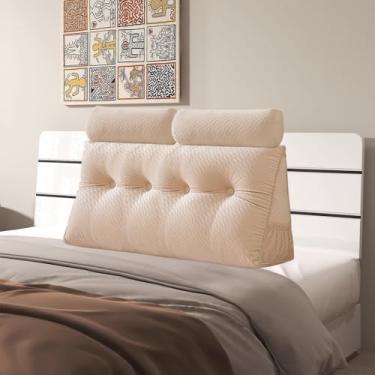 Imagem de Almofada triangular de veludo para cabeceira de cabeça, capa removível, cama de beliche, suporte de posicionamento do encosto, descanso de leitura relaxante (bege com almofada de rolo, completo (137 x