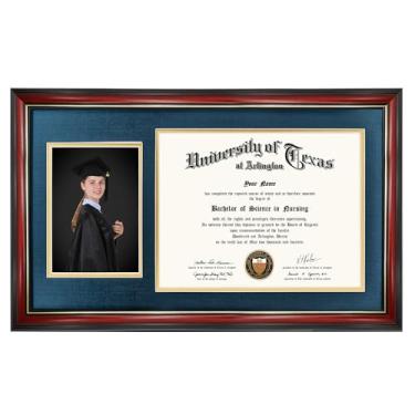 Imagem de GraduationMall Moldura para diploma cereja 28 x 48 cm para certificado de 21 x 28 cm, imagem 12 x 17 cm, vidro temperado, azul marinho sobre tapete duplo dourado