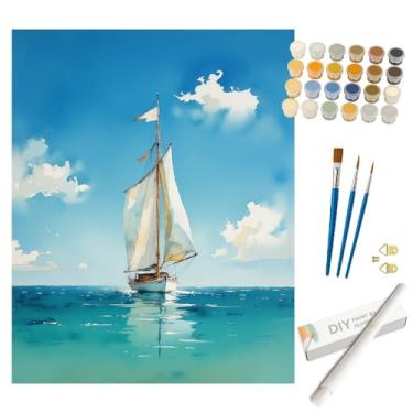 Imagem de Kit de pintura de barco à vela por números para adultos - Pintura DIY de veleiro no mar enrolada em tela 40,6 x 50,8 cm, conjunto de tinta acrílica, adequado para iniciantes, arte náutica para