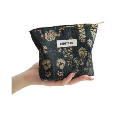 Imagem de Bolsa De Maquiagem Grande Para Mulheres Com Estampa De Flores Douradas