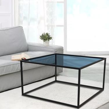Imagem de inoseen Mesa de centro moderna de vidro quadrada de metal simples mesa central para sala de estar, escritório em casa, 67 x 67 x 39,9 cm, cinza e preto