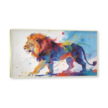 Imagem de NHLDZYH Moldura dourada. Pintura salpicada de leão em tela Arte abstrata de animais Mural vívido Chamador de olhos para sala de estar Decoração moderna para casa. A102. 60 x 108 cm.