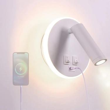 Imagem de LED apliques de parede com interruptor e porta de carregamento USB candeeiros de parede giratórios 330° holofote iluminação luz de leitura quarto cabeceira sala de estar hotel (círculos brancos, luz