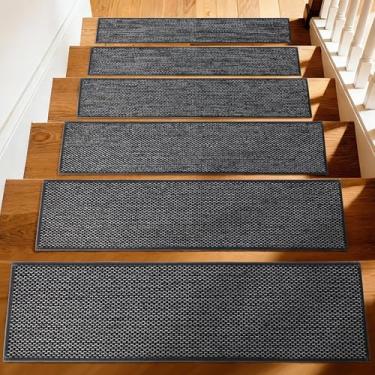 Imagem de Tapetes de escada para degraus de madeira internos, 20 x 76 cm antiderrapante para degraus de madeira com adesivo reutilizável - pacote com 15 (preto), seguro para crianças, idosos, animais de