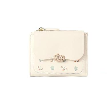 Imagem de Carteira feminina curta com zíper, bolsa pequena impressa, bolsa de moedas compacta para uso diário e viagens, Bege, Carteira pequena