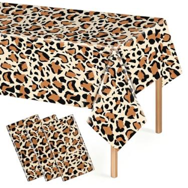 Imagem de ROLYTA 3 peças de toalha de mesa de plástico descartável com estampa de leopardo, 137 x 272 cm, decorações de festa com estampa de guepardo, para aniversário, chá de bebê, casamento, noite das meninas