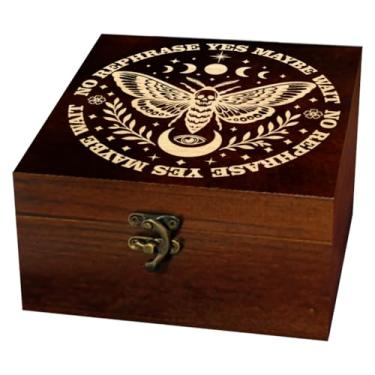 Imagem de arricraft 1 caixa de armazenamento de lembrança de madeira, placa de adivinhação, lua, traça, olho de mistério, padrão gravado, retangular, caixa de tarô de pinheiro para armazenamento de joias de