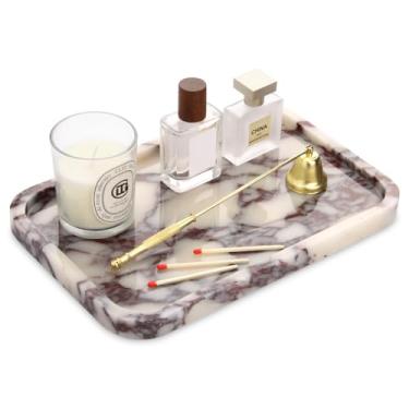 Imagem de Bandeja de banheiro de mármore, bandeja de mesa de cozinha de mármore natural, organizador de servir de bancada decorativa de pedra para cômoda, perfume, joias, maquiagem (1, viola Calacatta L, 12 x 8