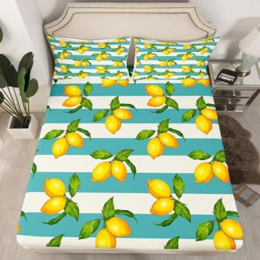 Imagem de jejeloiu Jogo de lençol solteiro de limão amarelo com 1 fronha, frutas, 40,6 cm, lençol com elástico alto, para meninos e meninas, decoração de quarto de adolescentes, respirável, macio e leve em