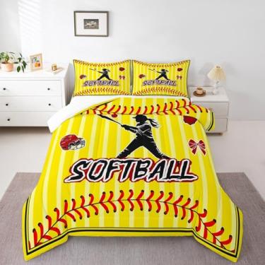 Imagem de Homewish Jogo de cama queen, jogador de softball, esportivo, para decoração de quarto de crianças, meninos, meninas, luvas e chapéus, enchimento de edredom para cama, amarelo e vermelho com 2 fronhas