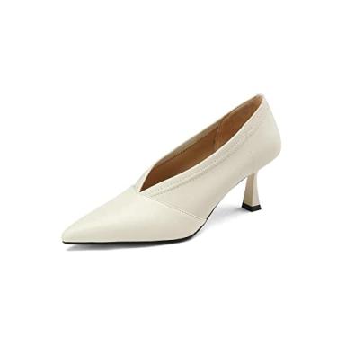 Imagem de TinaCus Sapato feminino de couro legítimo de bico fino feito à mão com corte em V sem cadarço no meio do salto gatinho para escritório, Bege, 38