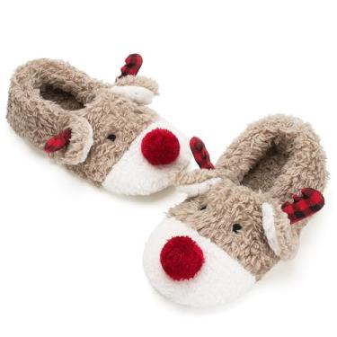 Imagem de Cozylook Pantufas fofas para casa de animais – Meias felpudas e quentes antiderrapantes com designs engraçados de rosto, presentes de Natal divertidos exclusivos, Rena marrom, 8-10 Toddler