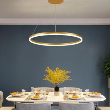 Imagem de Lustre moderno de interior, simples, com LED, pendente, em formato de anel, regulável, com altura ajustável, ideal para sala de estar, sala de jantar, cozinha, ilha, hall de entrada, escritó