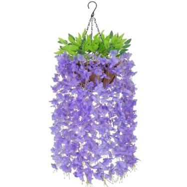 Imagem de Zythrem Flores artificiais para pendurar ao ar livre glicínias realistas flores de seda roxa arranjos de flores para pendurar cestas para plantas ao ar livre para decoração de primavera, varanda