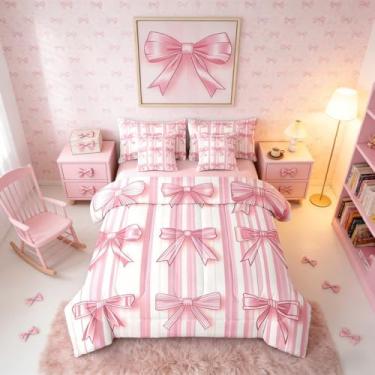 Imagem de Erosebridal Conjunto de edredom para meninas com laço rosa, 7 peças, laço coquete, cama em uma bolsa, lençol fofo com gravata borboleta e fronhas, conjunto de cama feminino para decoração de quarto