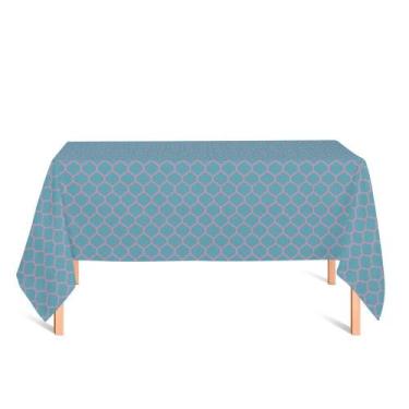 Imagem de Toalha de Mesa Retangular em Tecido Jacquard Azul Turquesa e Rosa Geom
