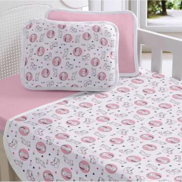 Imagem de Jogo Berço Bebê Lençol Fronha Malha 100% Algodão Gatinho