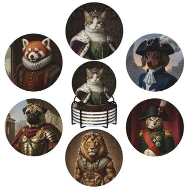 Imagem de Conjunto de 6 porta-copos de cerâmica retrato de um animal nobre com costas de cortiça, porta-copos absorventes com suporte de metal, proteção de mesa antiderrapante para cozinha, bar, escritório