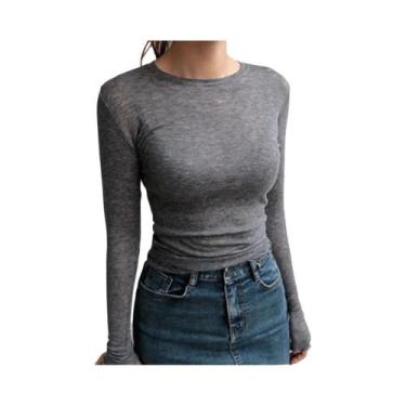 Imagem de Camiseta Básica De Manga Longa Feminina, Casual, Elástica, Fina, Trans