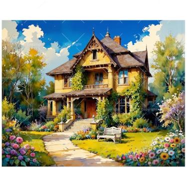 Imagem de Kit de pintura de paisagem de casa por números para adultos - Pintura doméstica de jardim vitoriano DIY em tela, conjunto de tinta acrílica, adequado para iniciantes, arte para decoração de casa ou
