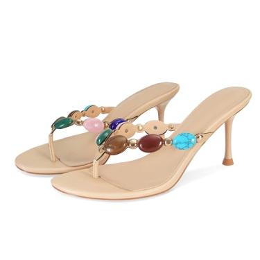 Imagem de Wnshonzy Sandálias femininas de salto com tiras com joias, dedo tipo tanga flip-flop, salto gatinho, sapatos de salto alto, salto alto, bico aberto, moderno, vintage, boêmio, Nude., 40