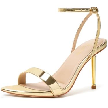 Imagem de Mostrin Sandálias femininas de salto alto com tiras de cadarço e tira no tornozelo, bico fino, bico aberto, salto alto para formatura, festa, dia a dia, Ouro brilhante - 08, 35