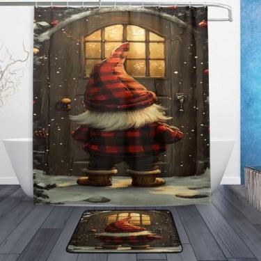 Imagem de xigua Gnomos de Natal fofos conjuntos de tapetes de cortina de banho 2 peças, conjunto de tema de banheiro (152 x 182 cm) com cortina de chuveiro e tapete antiderrapante -12 ganchos446