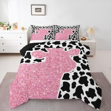Imagem de jejeloiu Conjunto de cama com estampa de pele de vaca, macio para meninos e meninas, conjunto de edredom com glitter rosa, tamanho solteiro, pele de animal do oeste, edredom de microfibra, 2 peças com