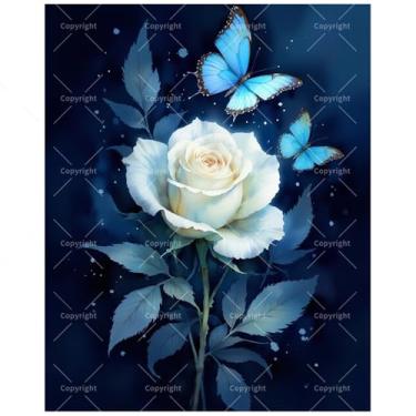 Imagem de Kit de pintura de flores elegantes por números para adultos - DIY rosa branca com borboletas azuis à noite pintura em tela 40,6 x 50,8 cm, conjunto de tinta acrílica, adequado para iniciantes, arte