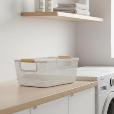 Imagem de Caixa Organizadora Multiuso com Alças em Madeira, Branca, Plástico Resistente, 16x36x22cm, Empilhável, para Casa e Escritório