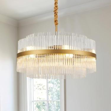 Imagem de TACDANDM Lustres dourados modernos de 59,9 cm, lustre redondo de vidro de 2 camadas para sala de jantar, 12 luminárias suspensas no hall de entrada com vidro para sala de estar, quartos, ilha de