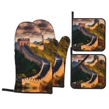 Imagem de Conjunto de luvas de forno estampadas The Great Wall of China, conjunto de 4 peças adequado para grelhar, cozinhar e assar