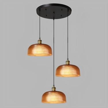 Imagem de Lustres de vidro marrom escuro com 3 lâmpadas E27, luminárias pendentes triplas com cúpula de vidro semicircular para sala de jantar, quarto, escritório, cozinha e ilha de cozinha.