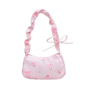 Imagem de Bolsa de ombro feminina delicada com cordão e alças ajustáveis, bolsa transversal pequena de lona floral, rosa, Casual